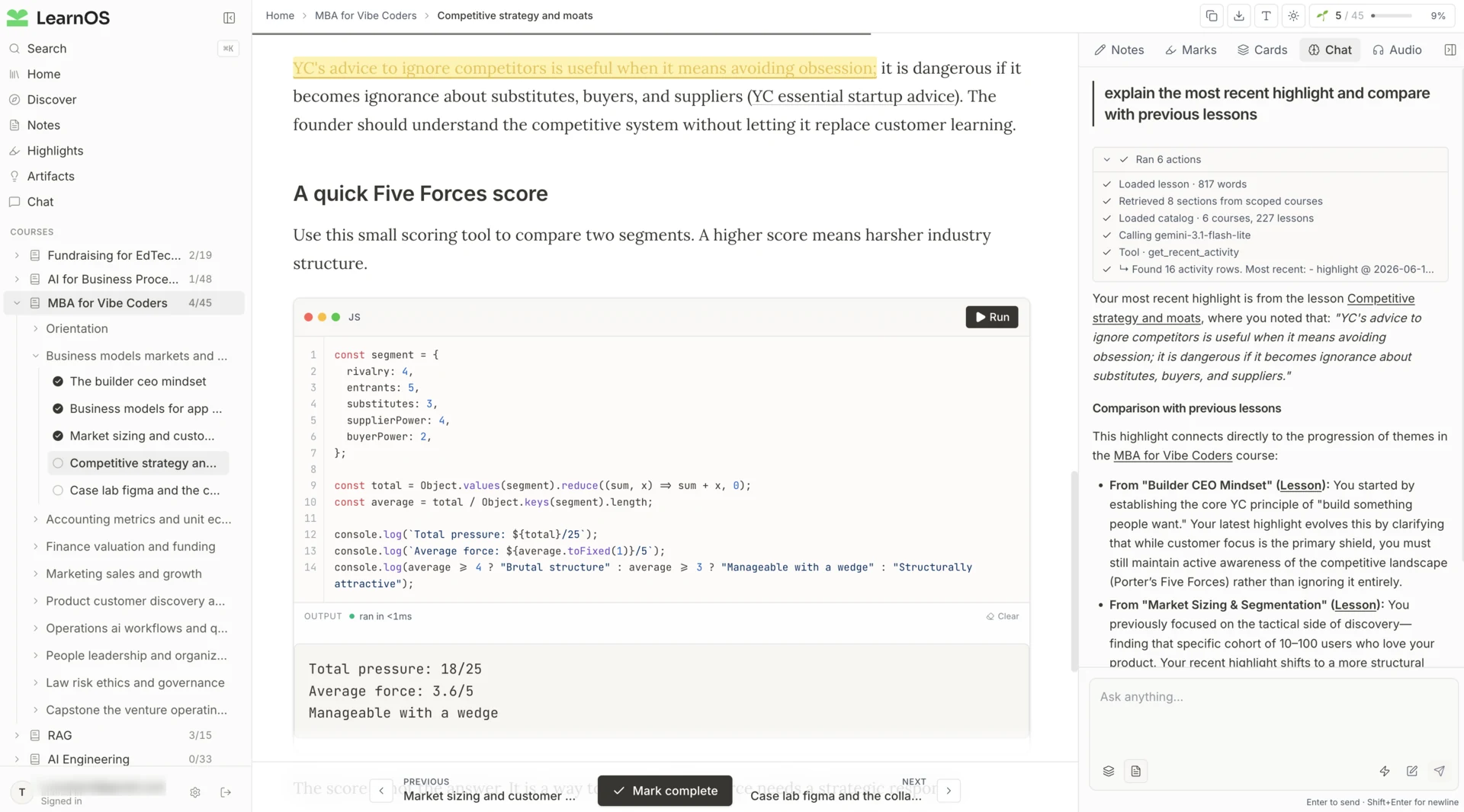 LearnOS reading view — lesson with library sidebar, highlighted prose, and Chat panel in the right rail.